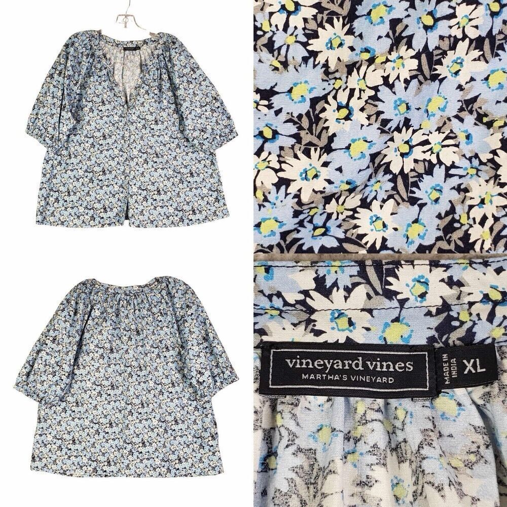 Vineyard Vines Blouse Button Up Blue Floral Women’s Size XL Puff Sleeve